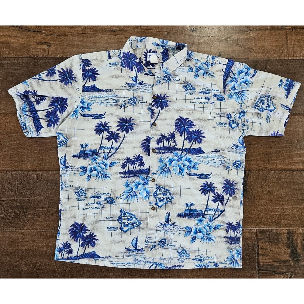 VTG Hawaii Mens XL Blue Island Map ALOHA Beach Button Up Shirt USA